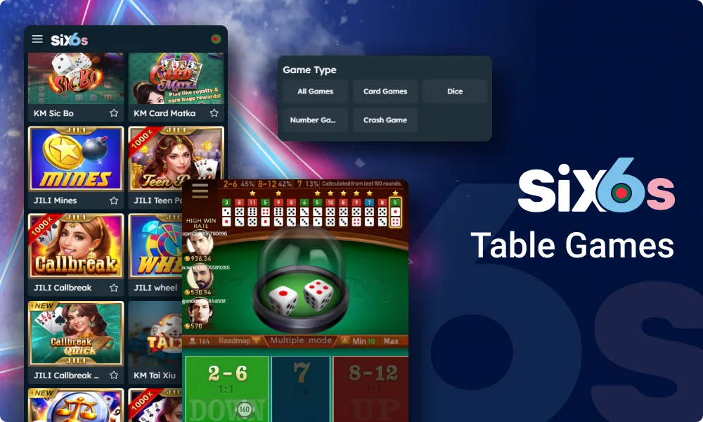 Variety of Table games at Six6s