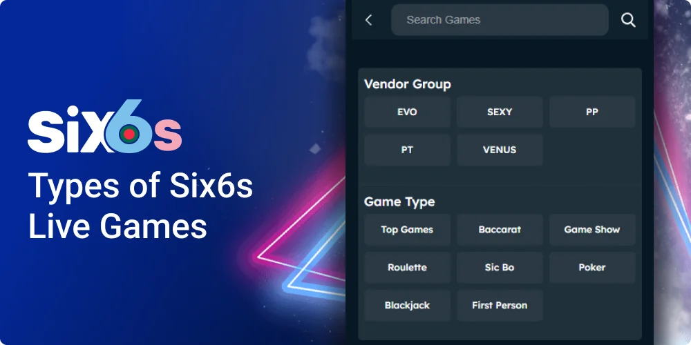 Variety of games at Six6s Live Casino